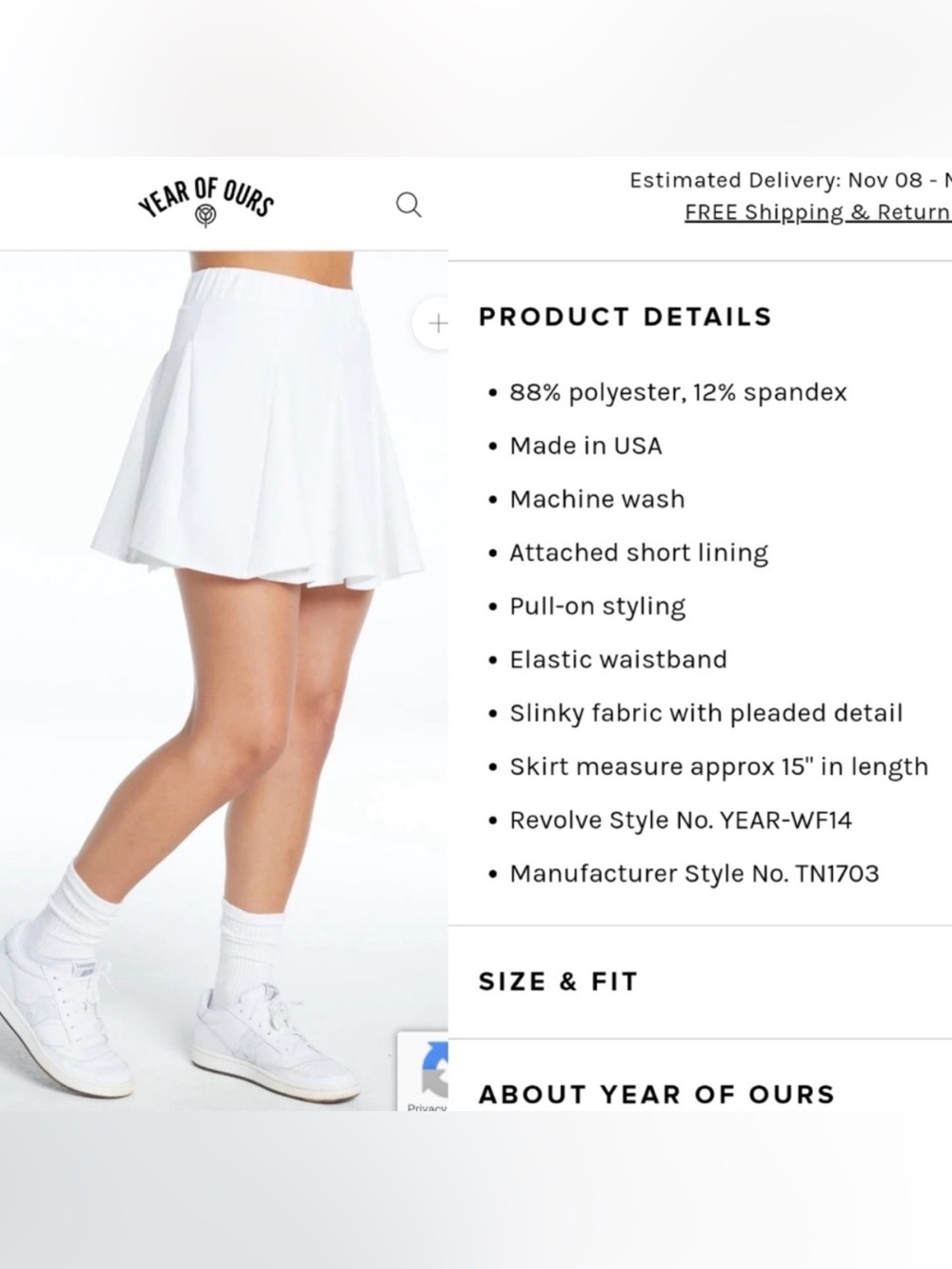 Year of Ours Women’s The Tennis Skort Athletic Skirt White Small Elastic Waist - Picture 4 of 8